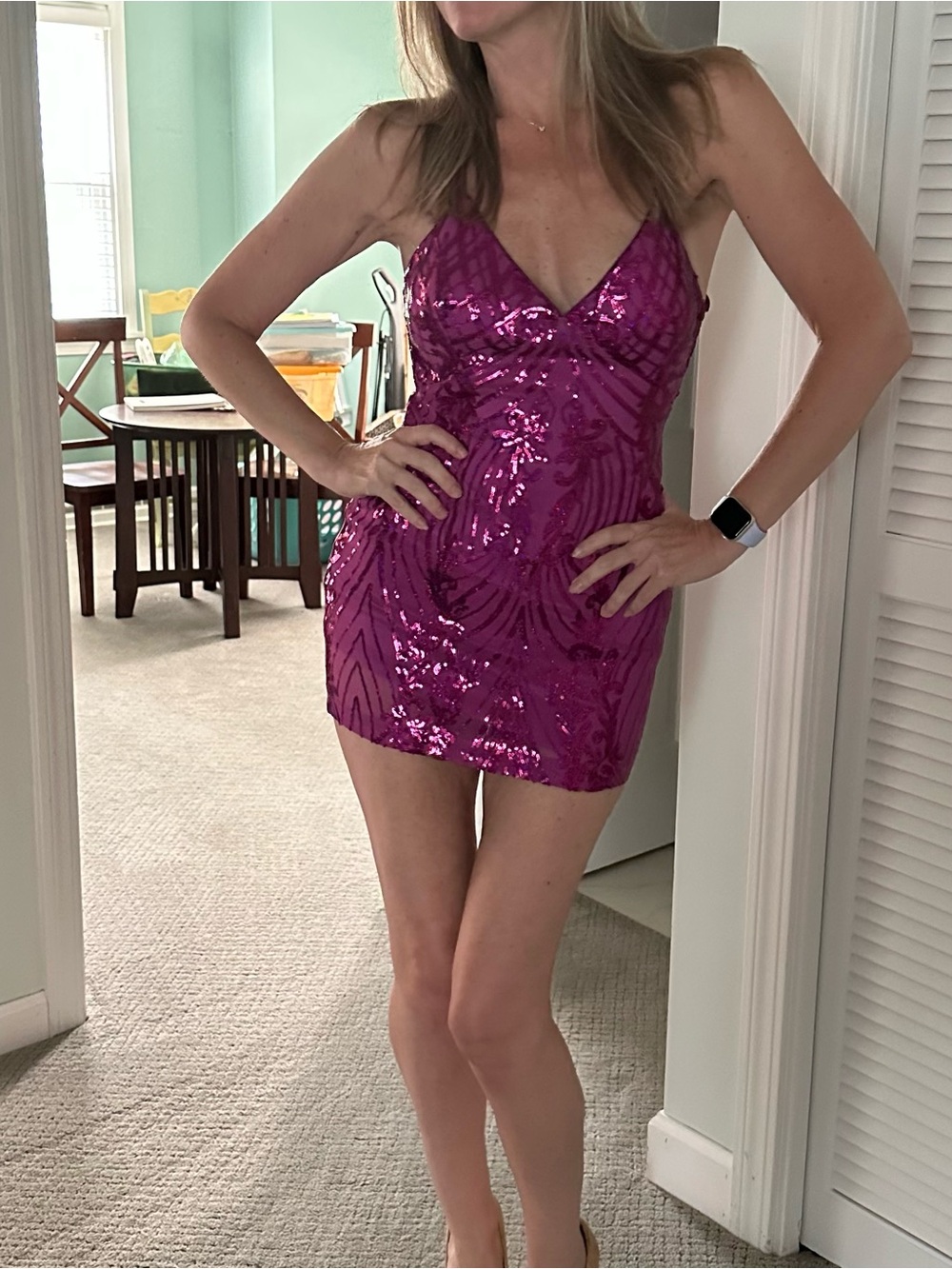 Women’s Fuchsia Sequin V-Neck Mini Dress